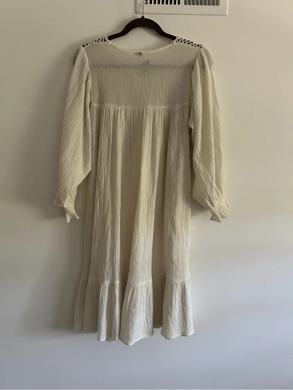 Antik Batik Cream Cotton Crepe Crochet Openwork Boho Prairie Dress XS Sheer